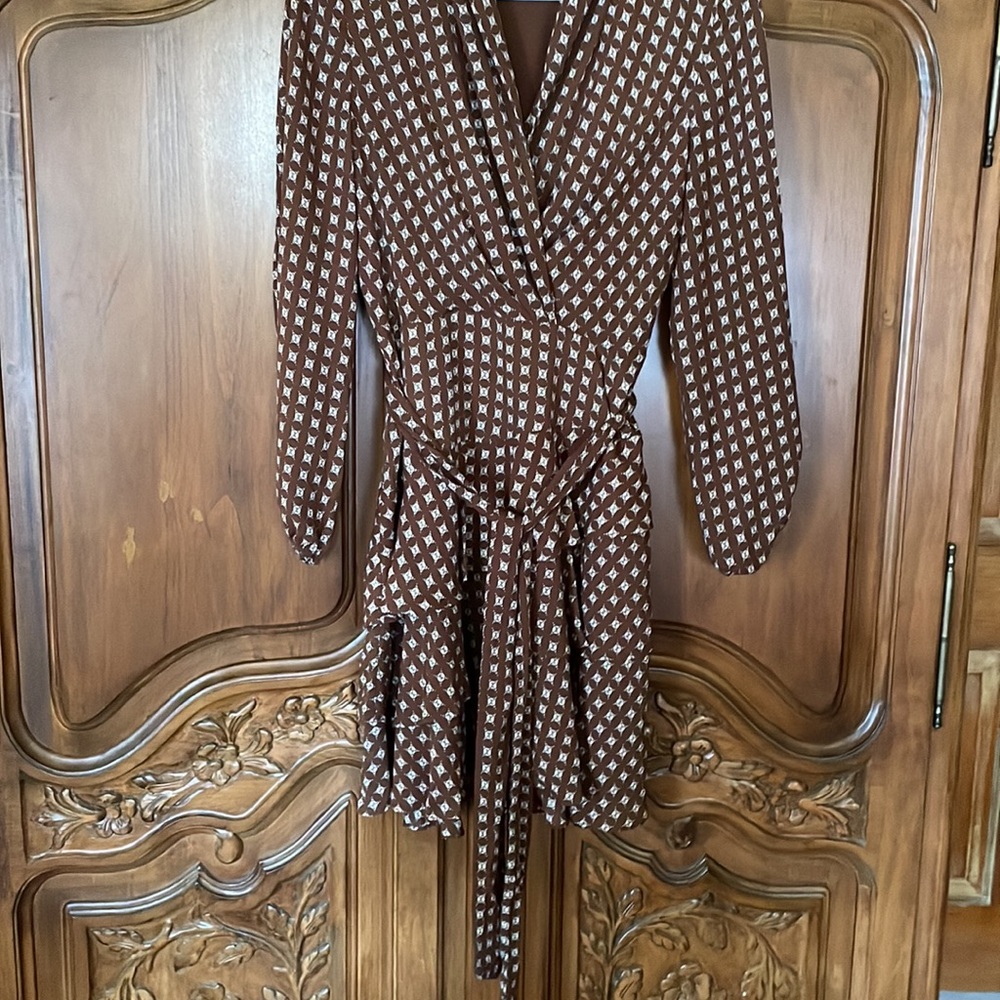EXPRESS BROWN BEIGE DRESS WITH TIE WAIST LONG SLEEVE WORN ONCE SMALL EXCELLENT - Picture 4 of 6